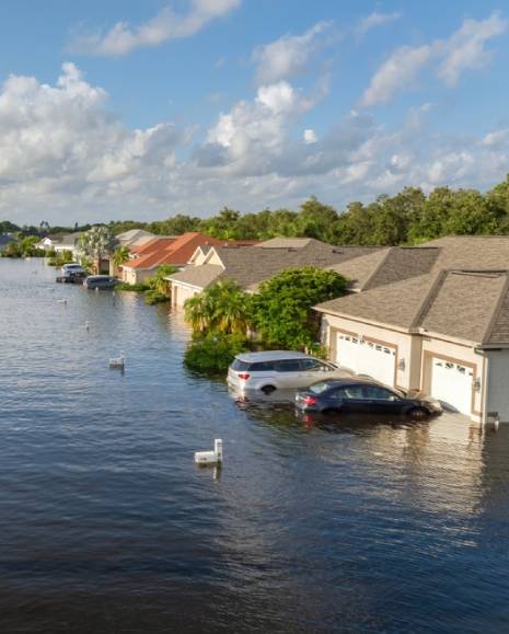 Flooded residential area with underwater houses and cars from hurricane Debby rainfall water