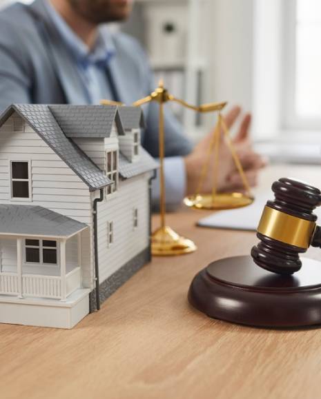 Group of people meeting and talking at office table with gavel and residential house model.